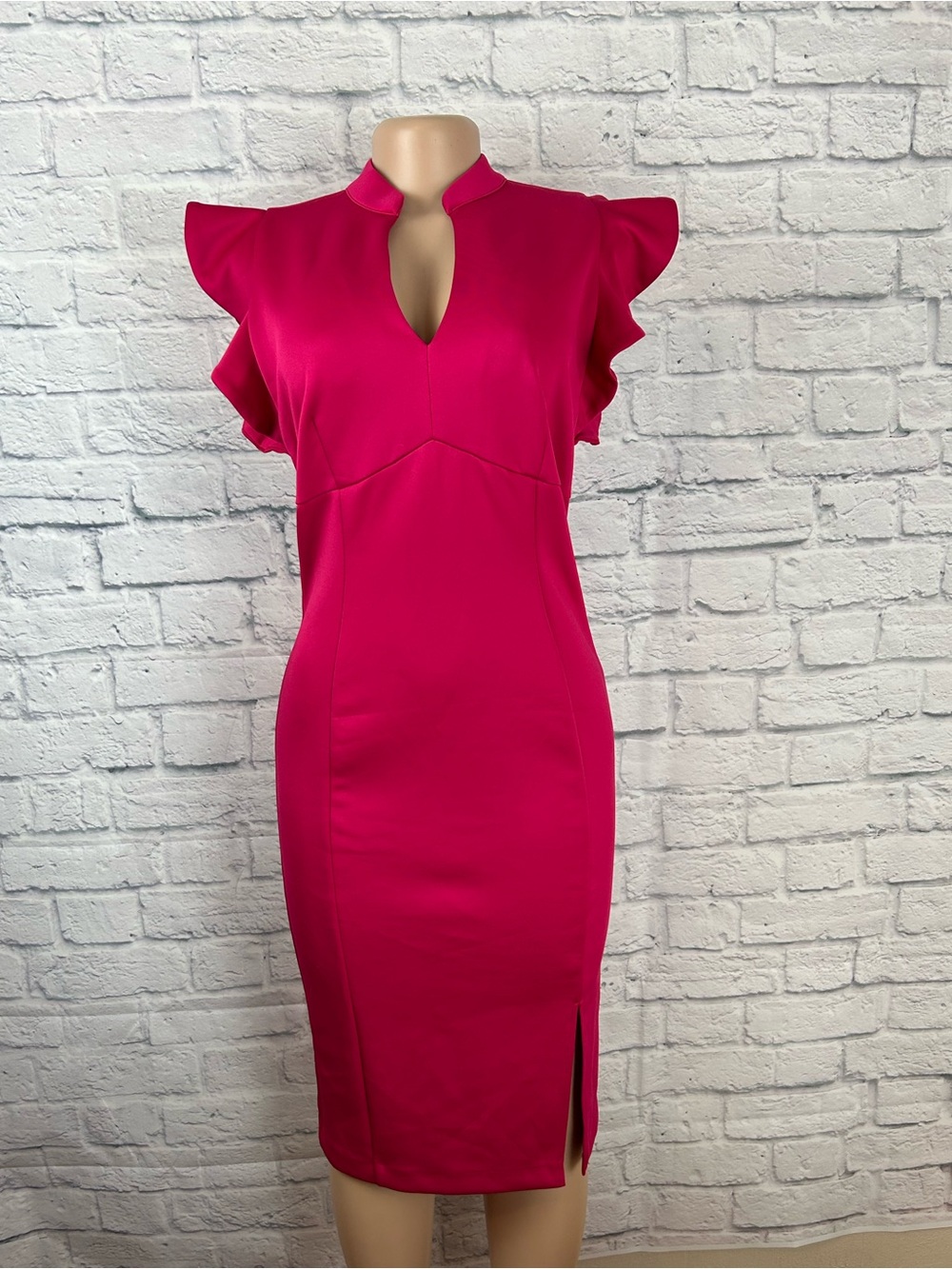 New York & Company Stretch Pink Ruffle Sleeve Sheath Midi Dress Size S